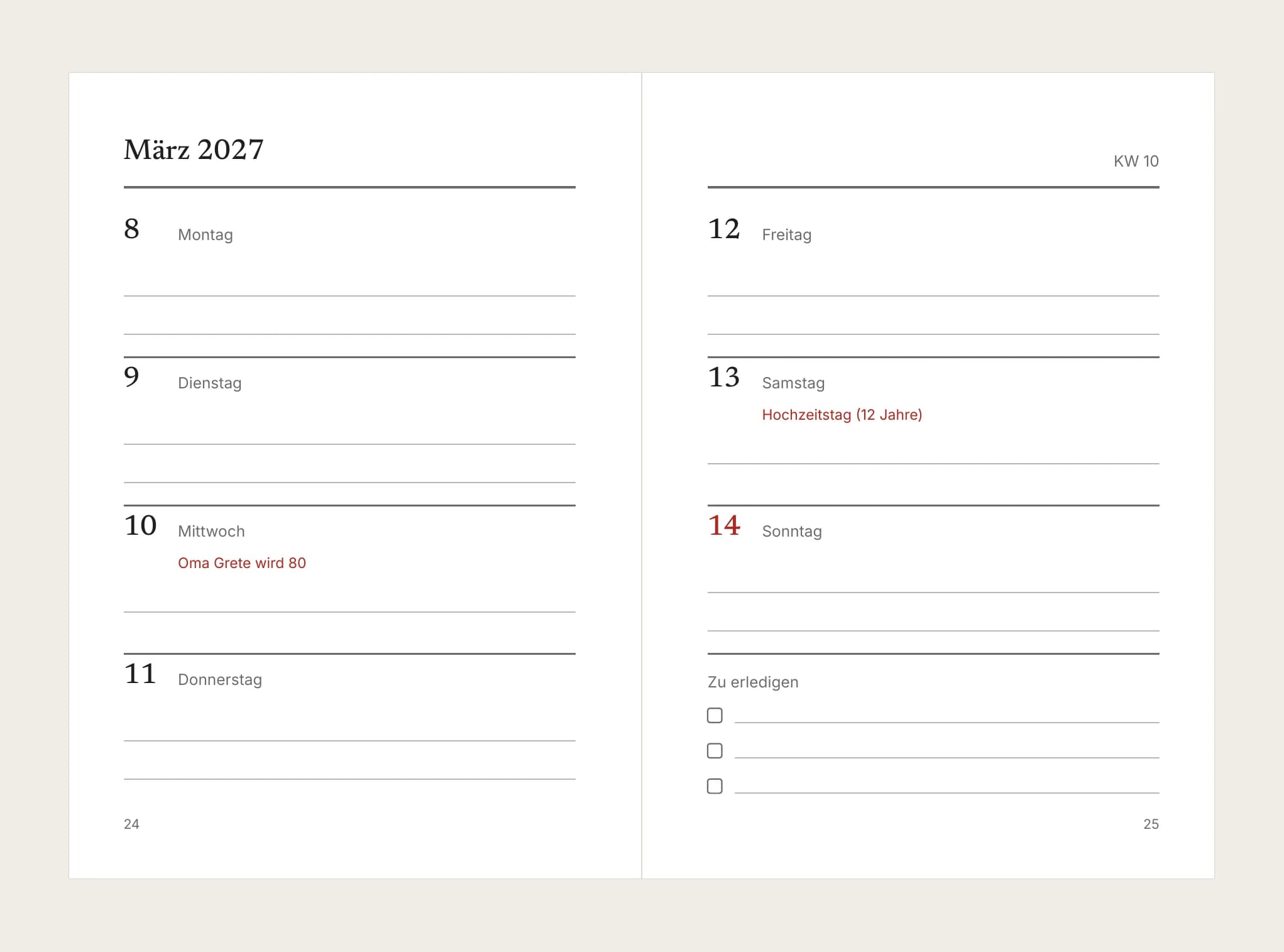 Eine Wochendoppelseite im Taschenkalender mit einem Geburtstag an seinem Tag