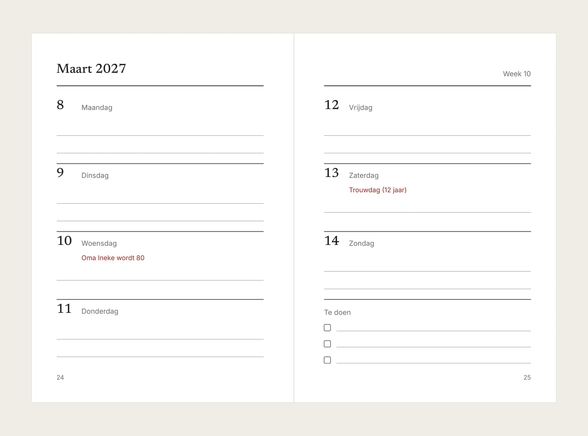 Een weekspread in de zakagenda met een verjaardag op de juiste dag