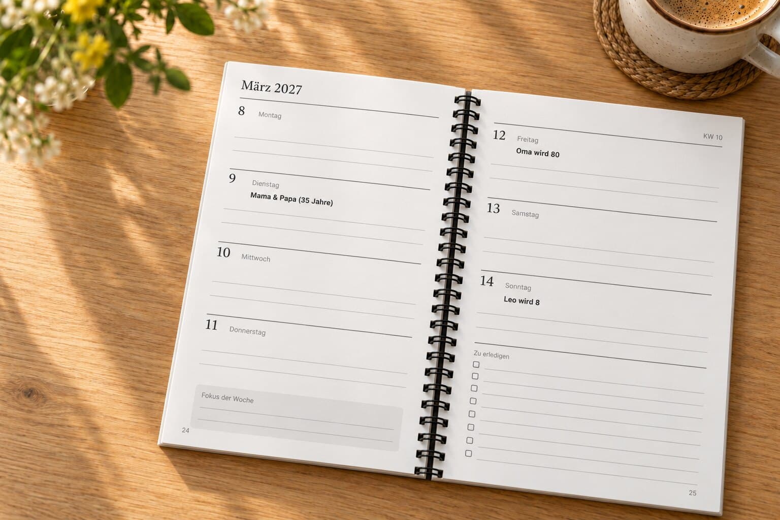 Ein Wochenkalender von Days Marked, aufgeschlagen auf einem Küchentisch bei einer Woche im März, mit „Oma wird 80“ am Freitag, dem 12.