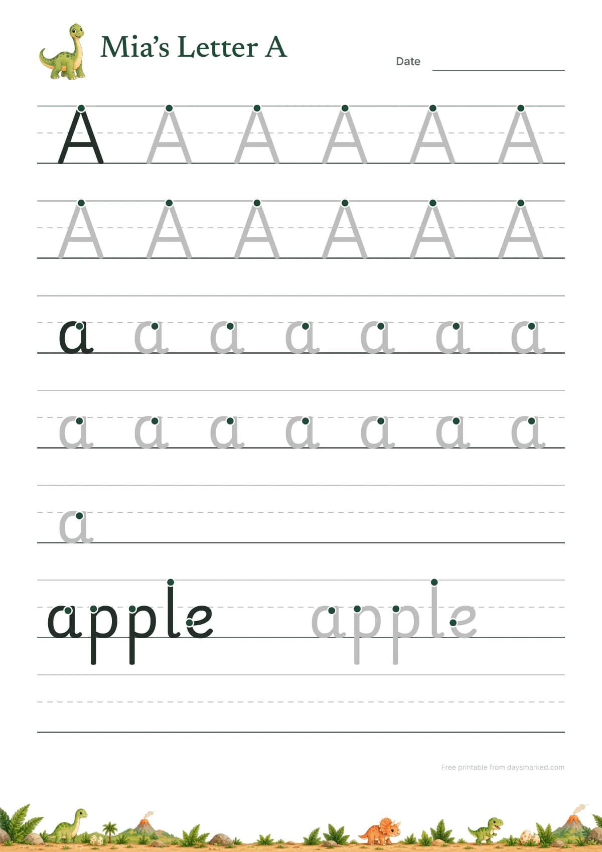 An alphabet tracing worksheet titled “Mia’s Letter A” with a dinosaur: a capital A and a small a with start dots, rows of A and a in grey to trace, and the word apple