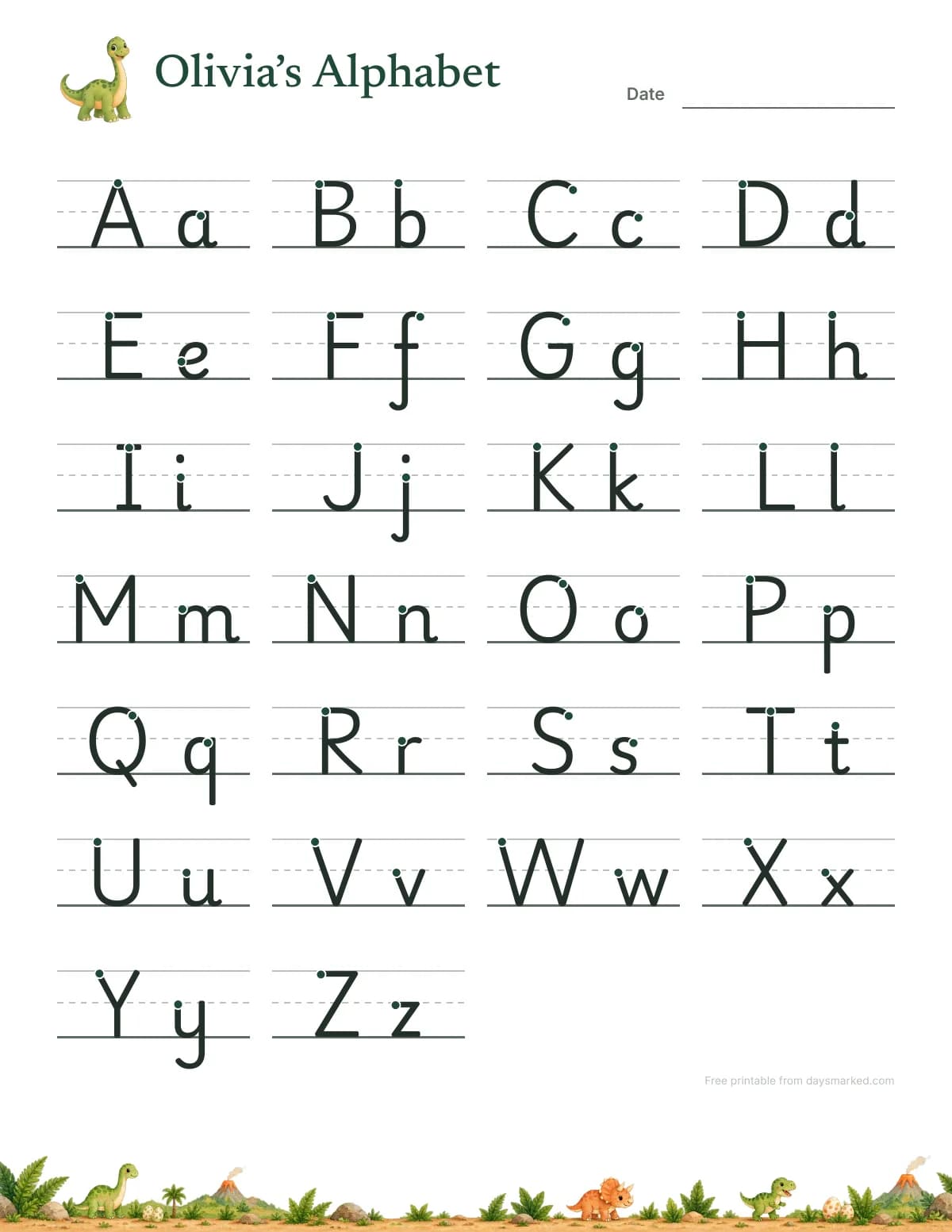 Olivia's alphabet chart with every print letter from Aa to Zz and its start dot, in the dinosaur design