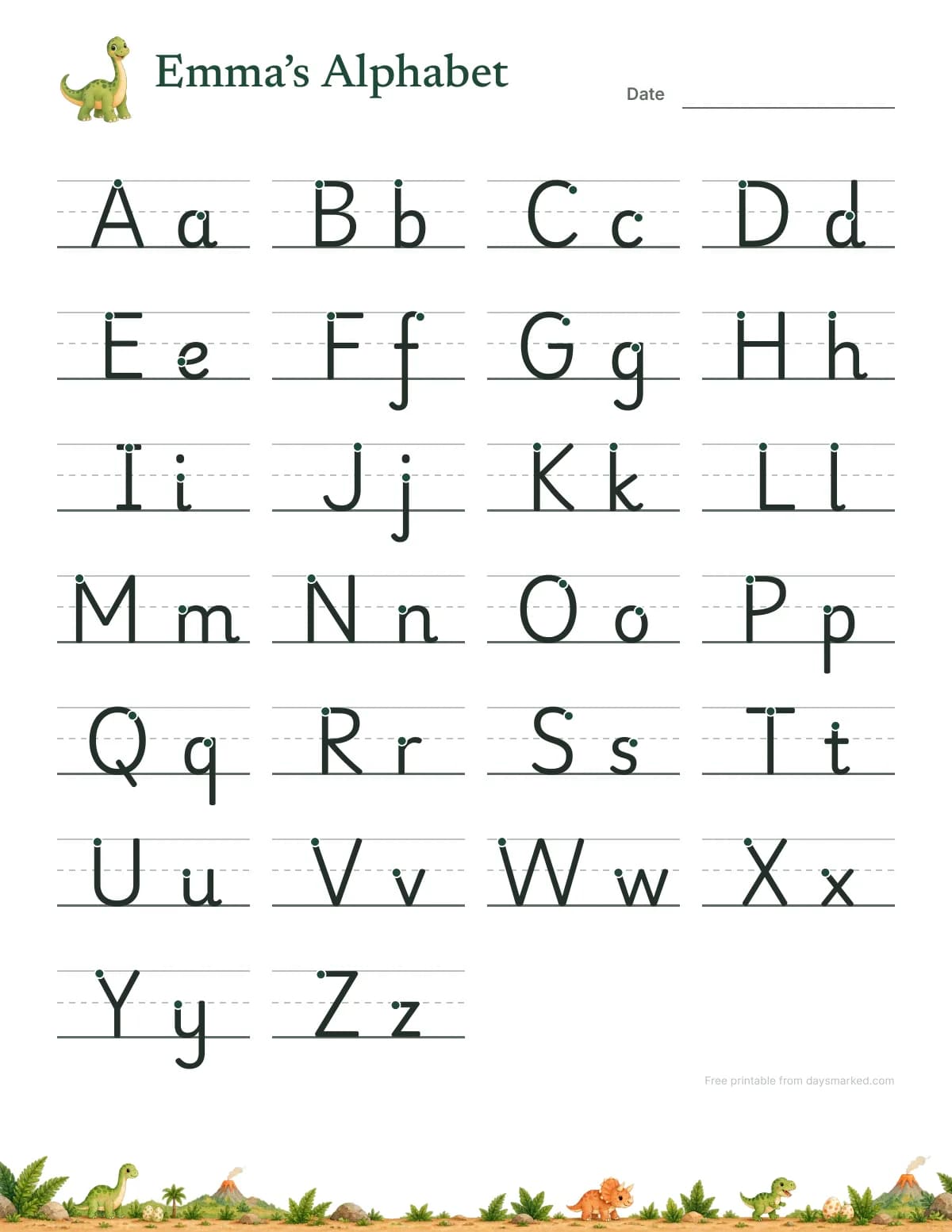 Emma's alphabet chart with every print letter from Aa to Zz and its start dot, in the dinosaur design