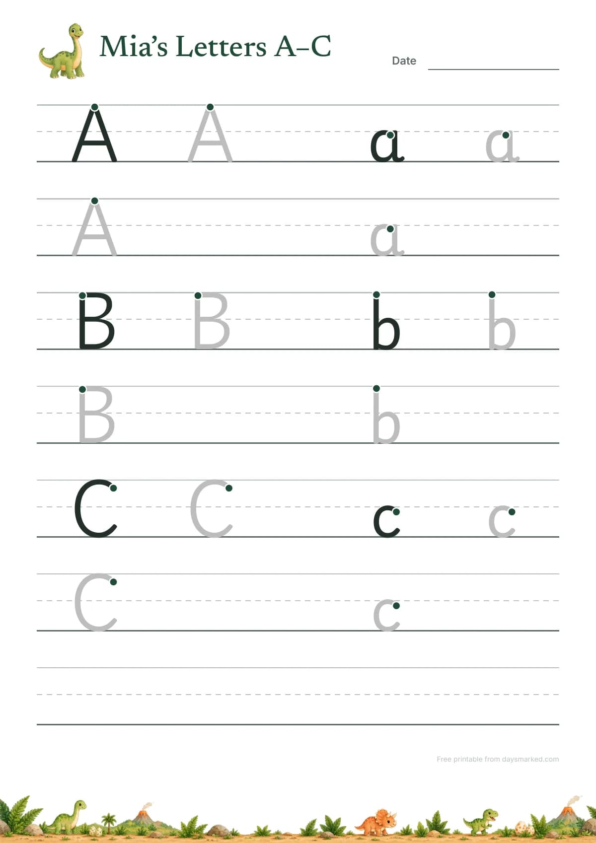 A page with the letters A, B and C to trace, capital and small side by side, with start dots