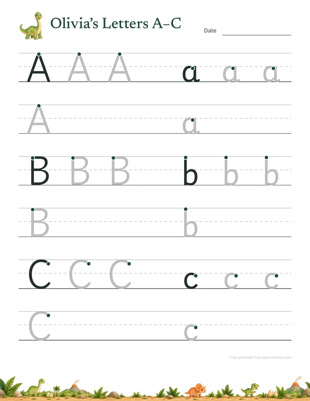 A page with the letters A, B and C to trace, capital and small side by side, with start dots