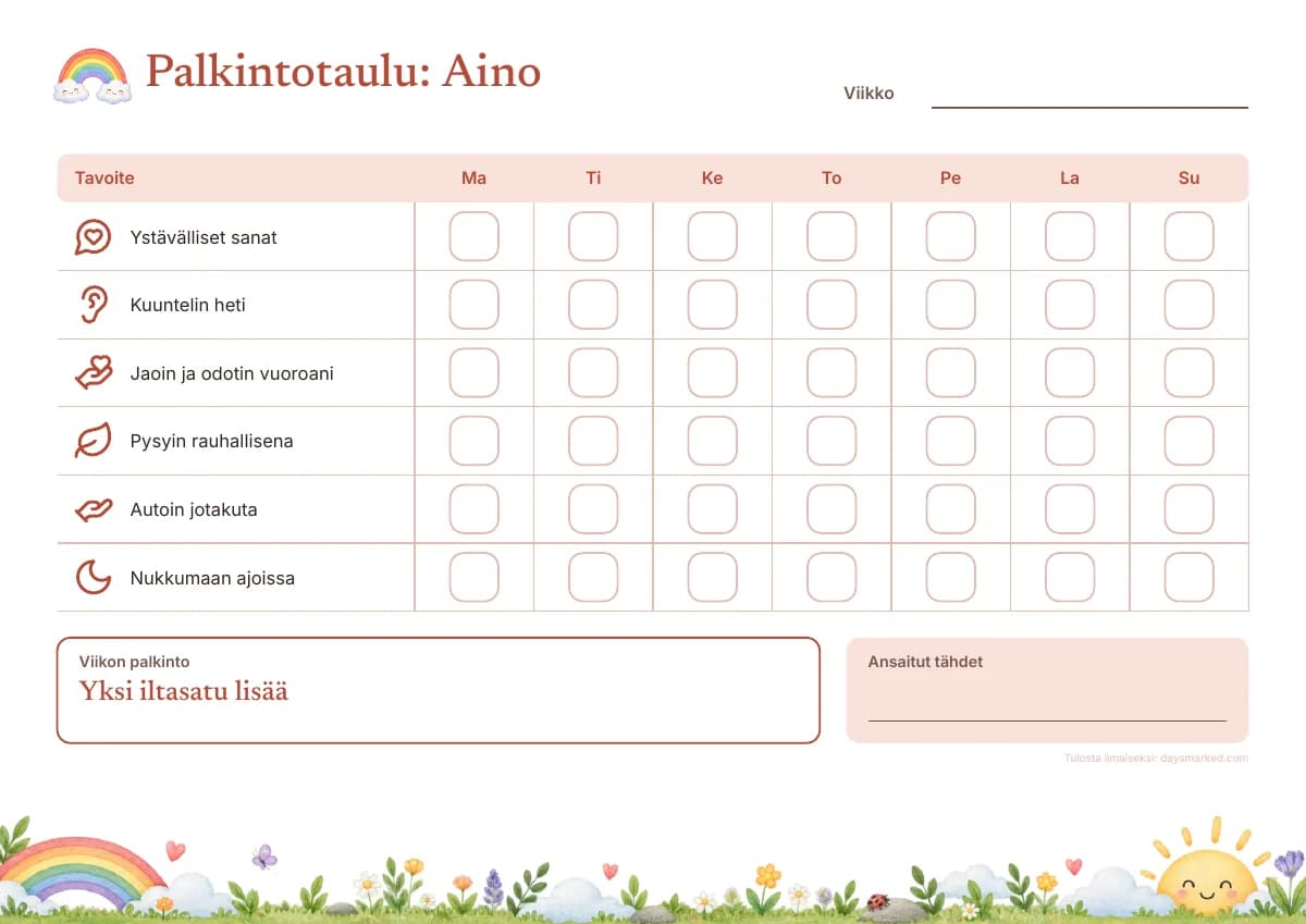 Tulostettava palkintotaulu, jonka yläreunassa lukee ”Palkintotaulu: Aino”, tavoitteina esimerkiksi ”Ystävälliset sanat” ja ”Pysyin rauhallisena”, ruutu jokaiselle päivälle ja viikon palkinto, sateenkaarikuvituksella