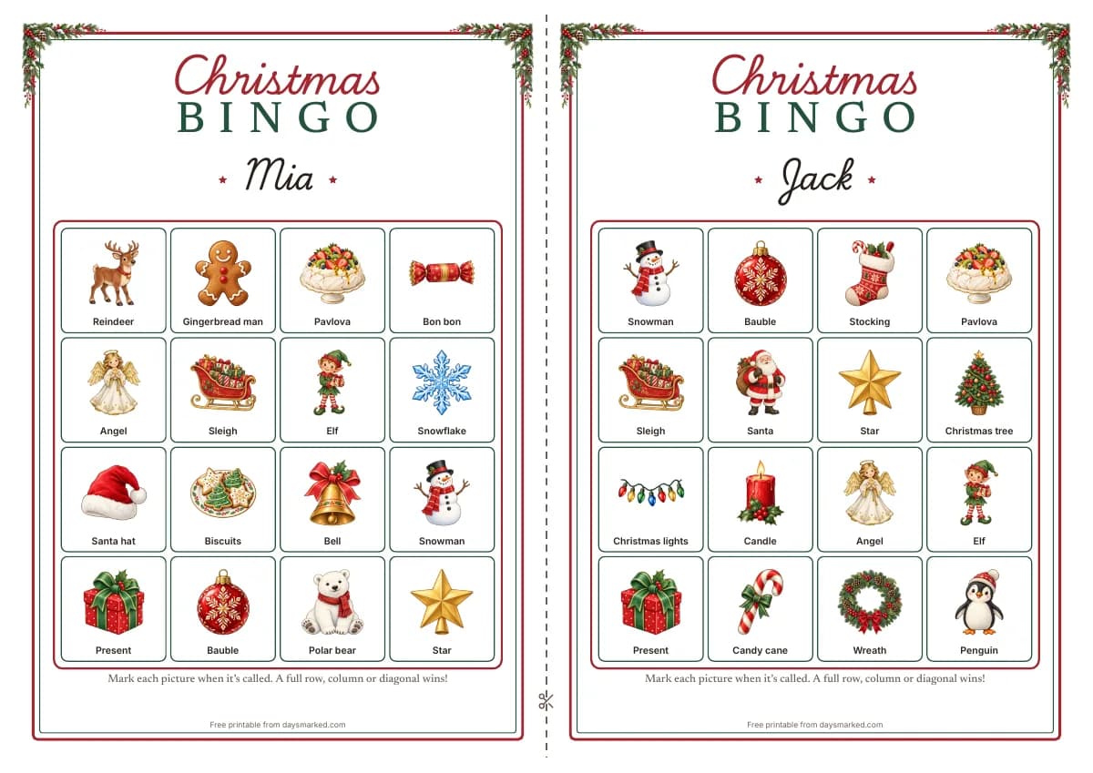 Two Christmas bingo cards side by side with “Christmas BINGO” at the top and the names Mia and Jack, each a 4 by 4 grid of painted pictures like Santa, a pavlova, a bon bon and a gingerbread man with their words underneath