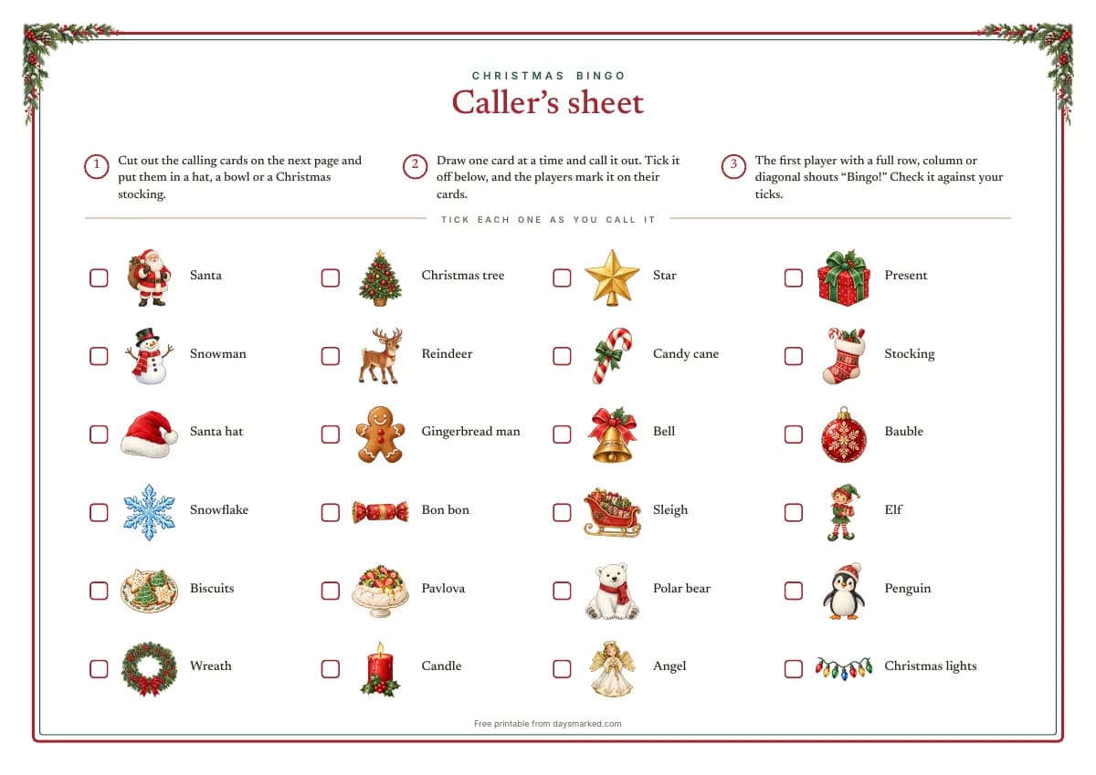 The caller's sheet: how to play in three steps and all 24 pictures of the game, each with a box to tick