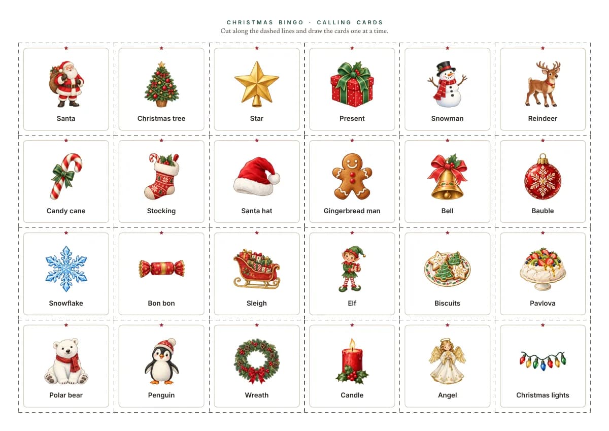 The calling cards: the 24 pictures with their words on cards to cut out along dashed lines