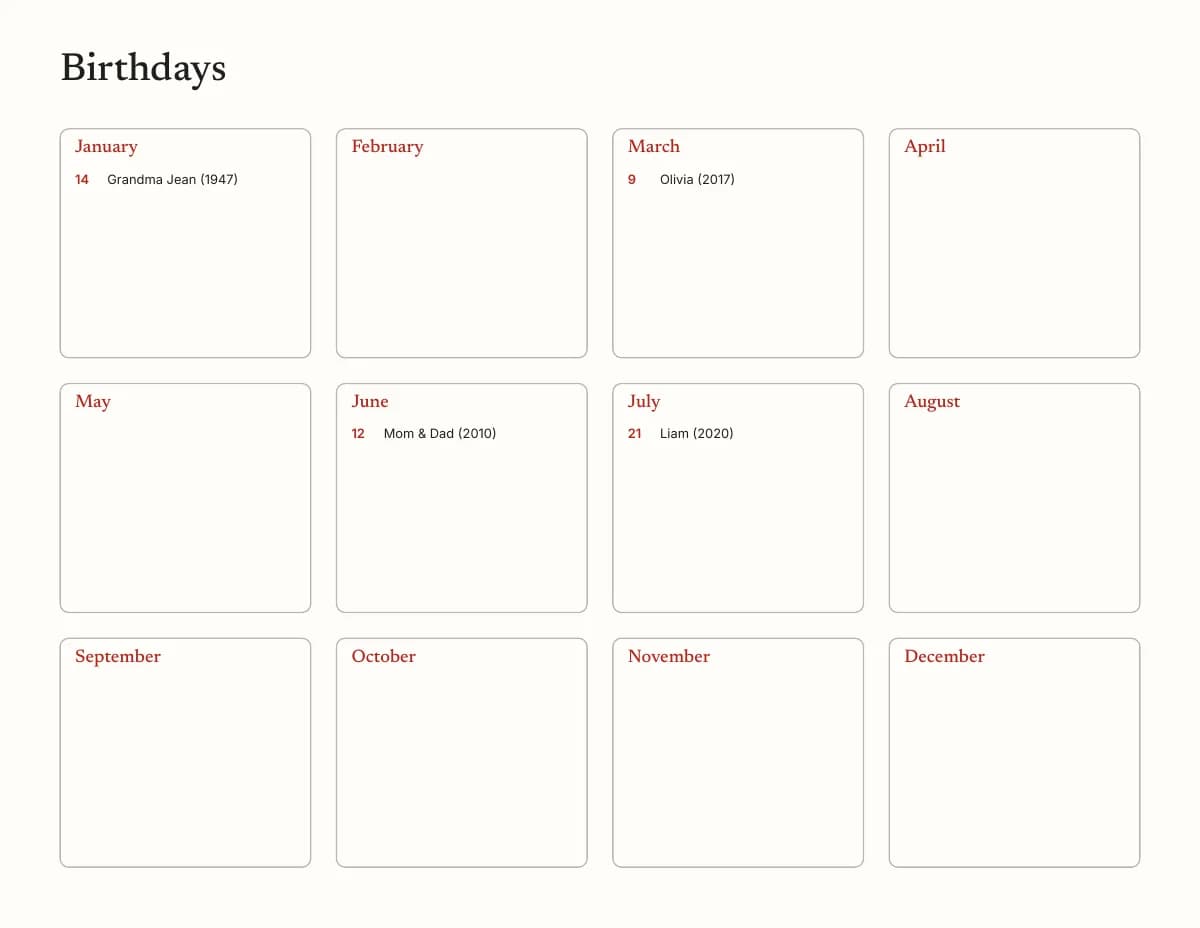 The last page of the free printable birthday calendar: a box for every month, with Grandma Jean on January 14, Olivia on March 9, Mom & Dad on June 12 and Liam on July 21