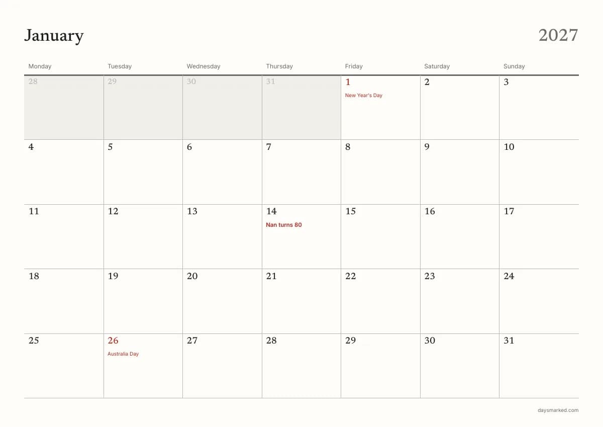 January 2027 page of the free printable calendar, with “Nan turns 80” on 14 January and Australia Day on 26 January