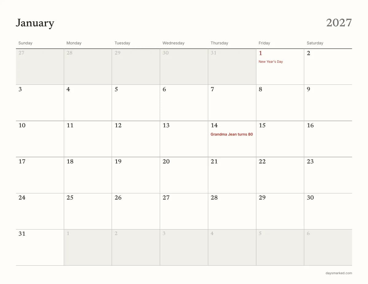 January 2027 page of the free printable calendar, with “Grandma Jean turns 80” on January 14