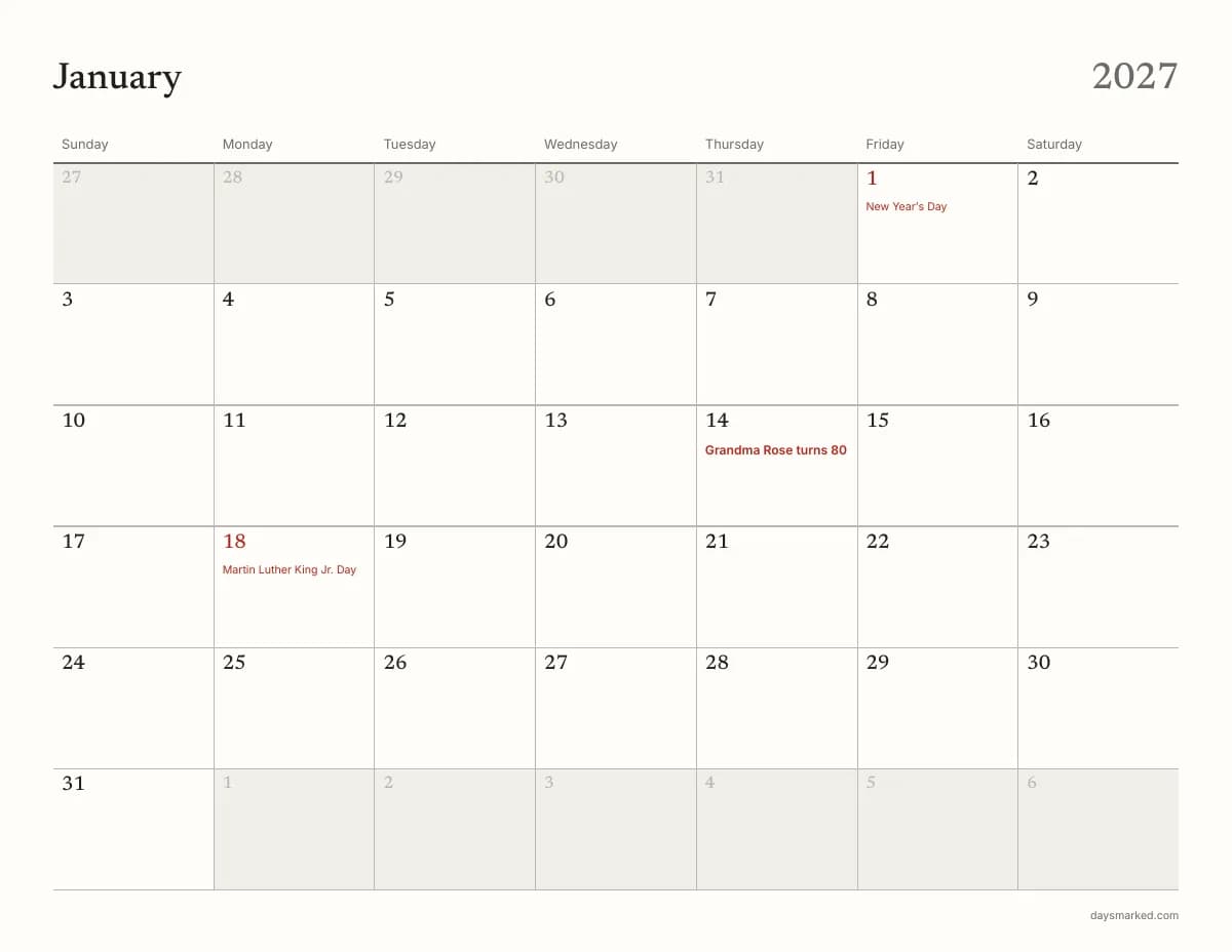 January 2027 page of the free printable calendar, with “Grandma Rose turns 80” on January 14 and Martin Luther King Jr. Day on January 18