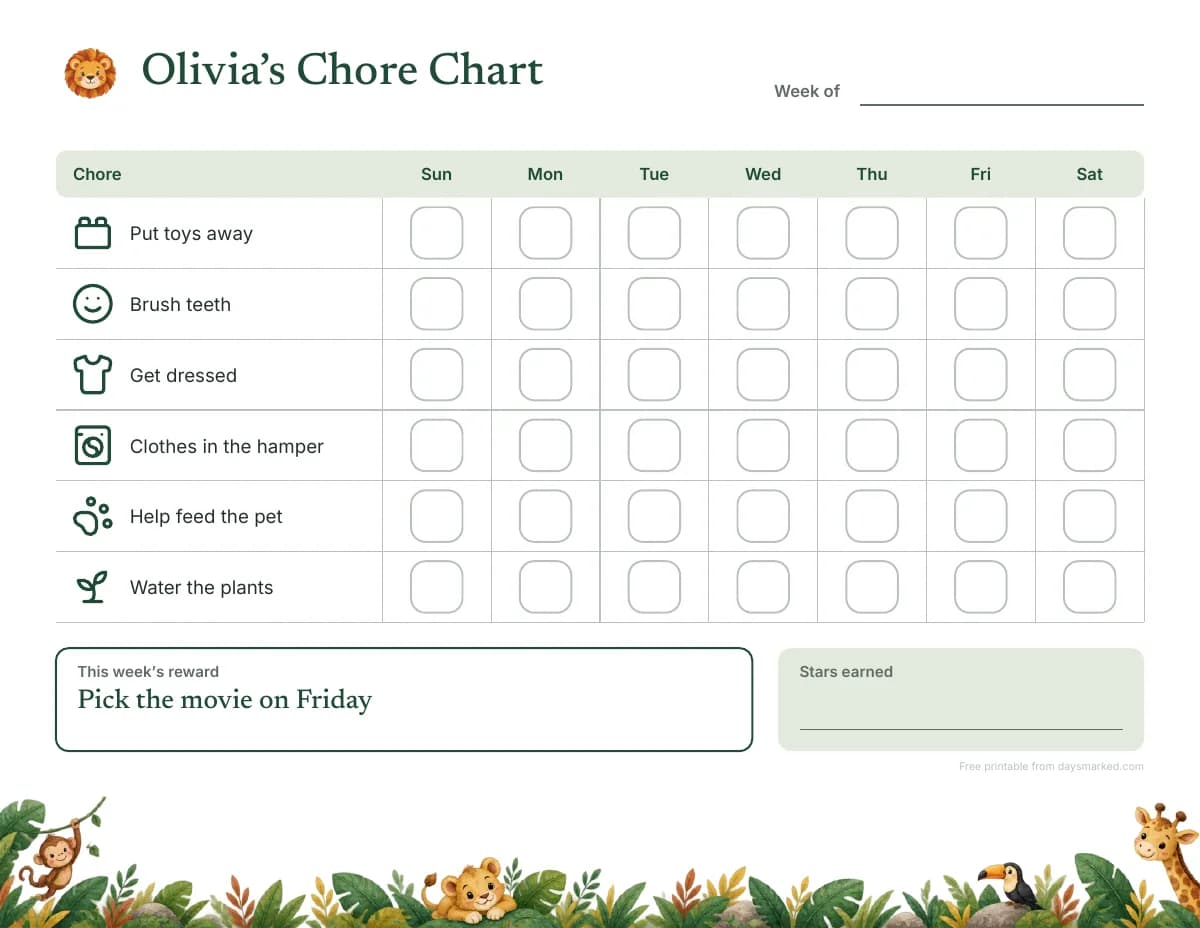 A printable chore chart with “Olivia’s Chore Chart” at the top, a picture beside each chore, a box for every day of the week and this week’s reward, in the jungle design