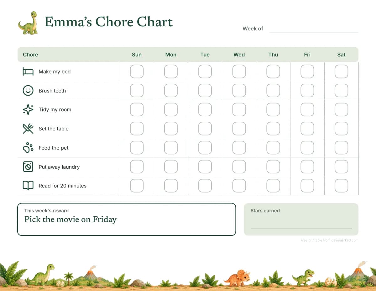 A printable chore chart with “Emma’s Chore Chart” at the top, a picture beside each chore, a box for every day of the week and this week’s reward, in the dinosaur design