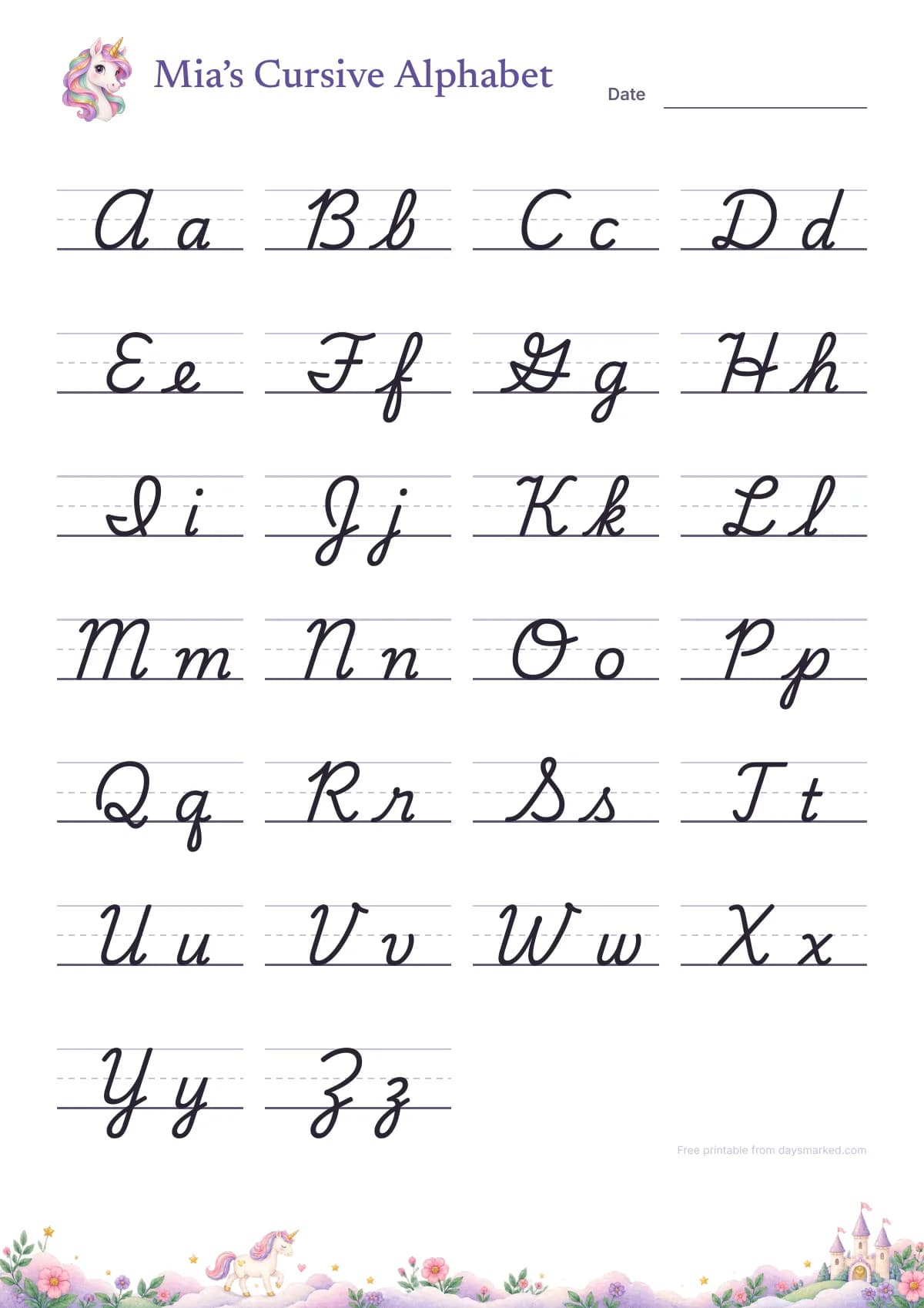 A cursive alphabet chart titled “Mia’s Cursive Alphabet” with a unicorn: every letter from Aa to Zz in joined cursive on handwriting lines