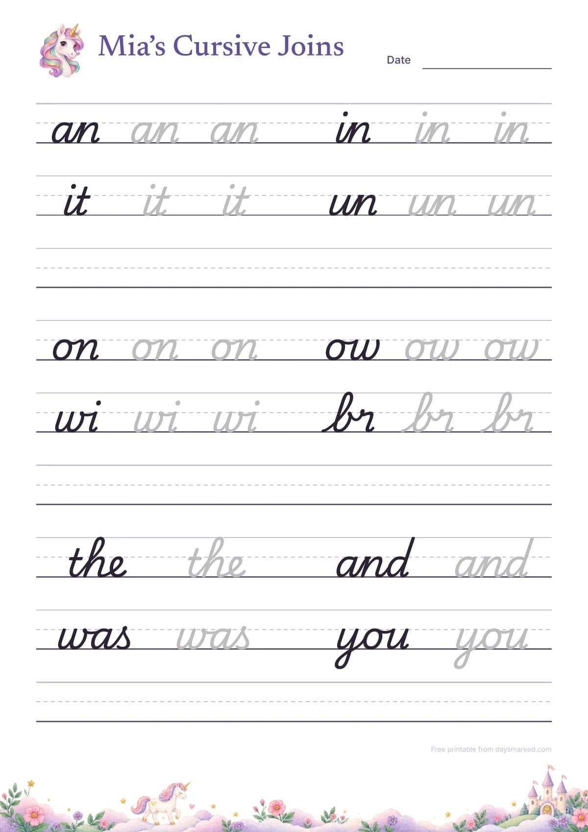Mia's page of cursive joins: an, in, it, un, on, ow, wi, br, the, and, was and you to trace