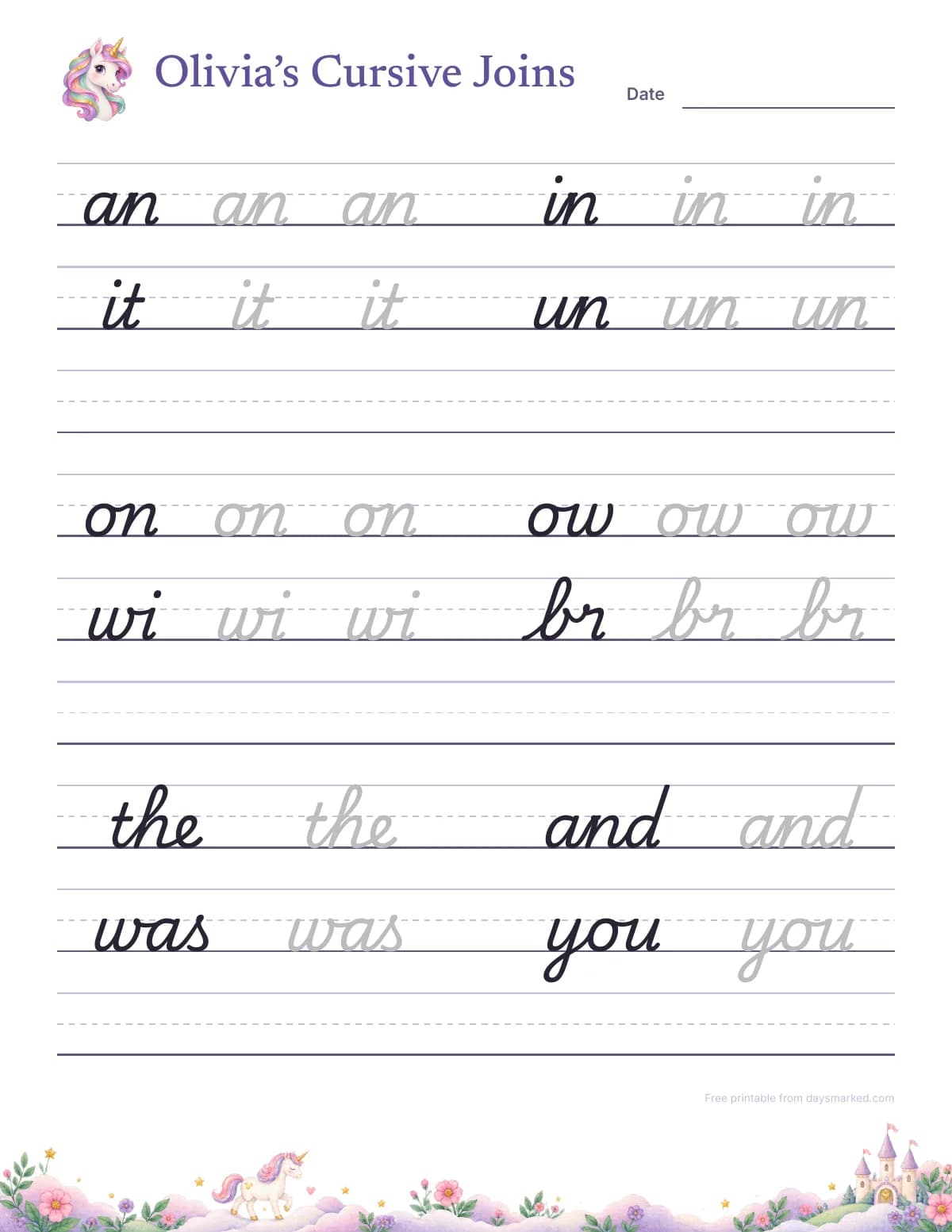 Olivia's page of cursive joins: an, in, it, un, on, ow, wi, br, the, and, was and you to trace