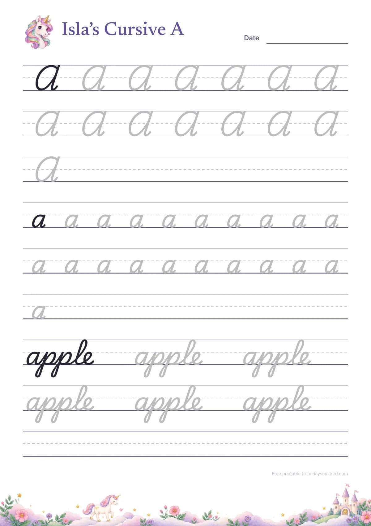 Isla's page for the cursive letter A: rows of capital A and small a to trace, then apple to trace