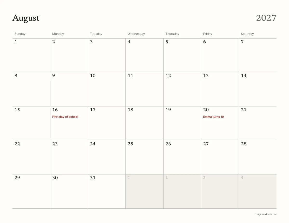 August 2027 page of the free homeschool calendar, with “First day of school” on August 16 and “Emma turns 10” on August 20