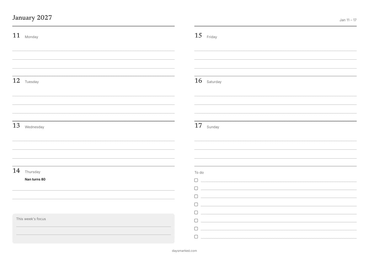 A week from the free printable weekly planner, 11–17 January 2027, with “Nan turns 80” on Thursday and a to-do list