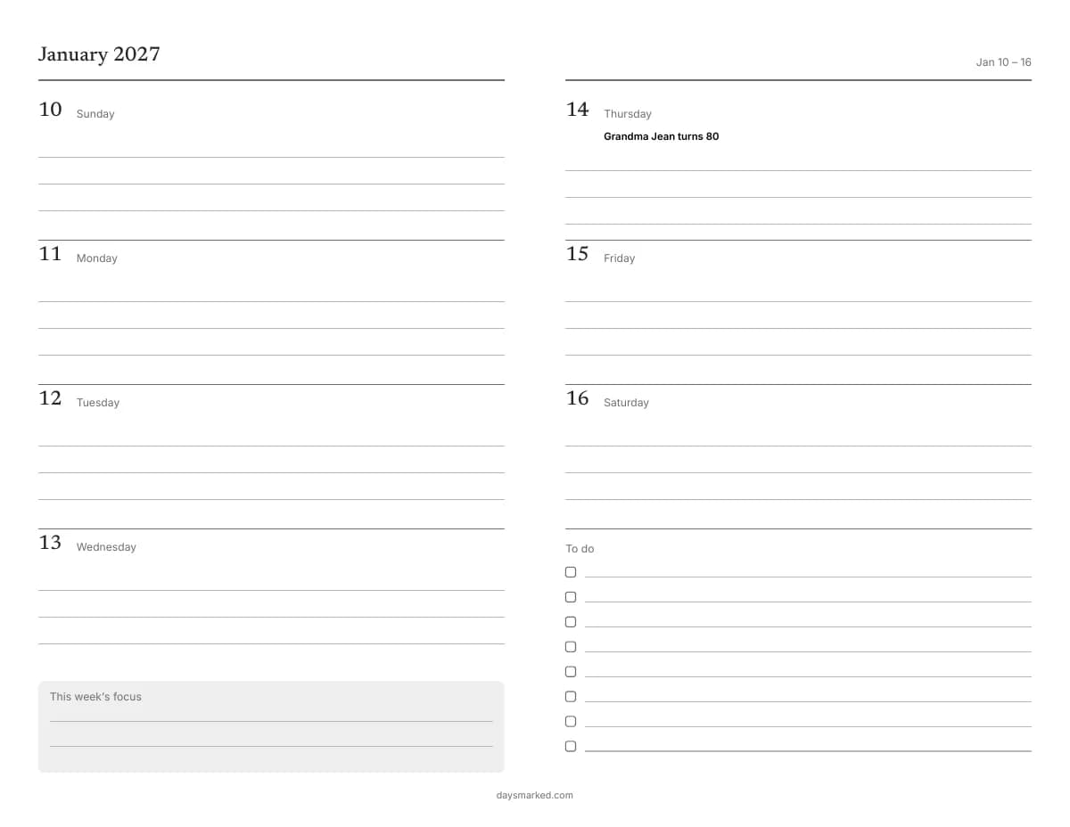 A week from the free printable weekly planner, January 10–16, 2027, with “Grandma Jean turns 80” on Thursday and a to-do list