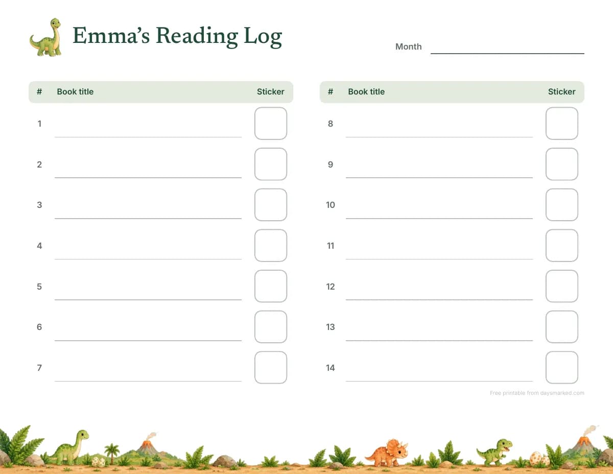 A printable reading log for kids with “Emma's Reading Log” at the top, numbered lines for book titles and a sticker box for each, in the dinosaur design