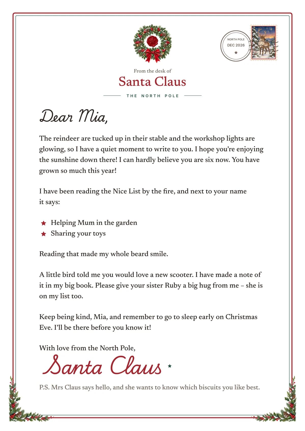 A letter from Santa on stationery with a holly wreath, a reindeer stamp and a North Pole postmark: “Dear Mia,” two good deeds with stars, a wish for a new scooter and Santa Claus’s signature in red