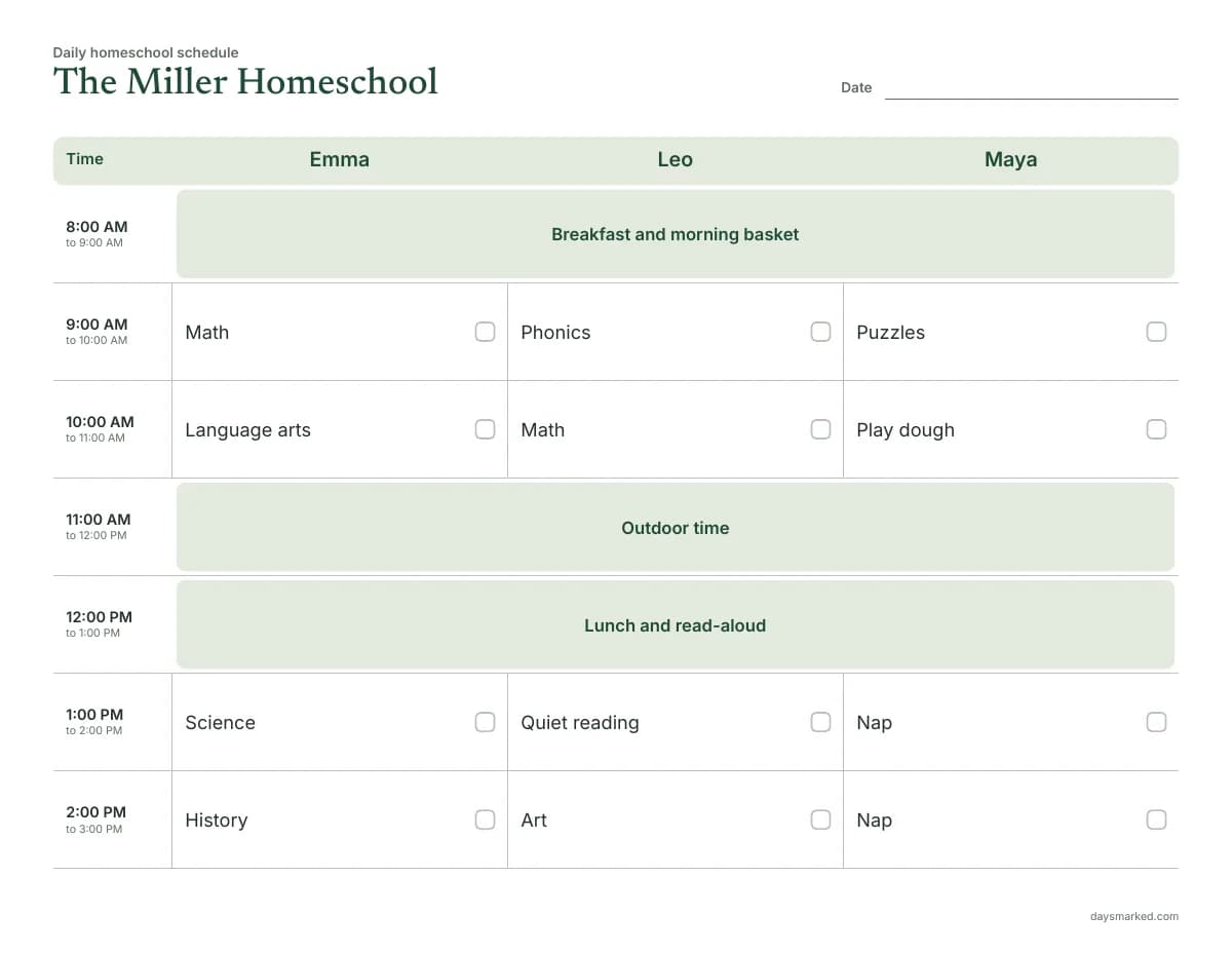 Free homeschool schedule template with columns for Emma, Leo and Maya, their subjects from 9 AM, and family rows for breakfast, outdoor time and lunch