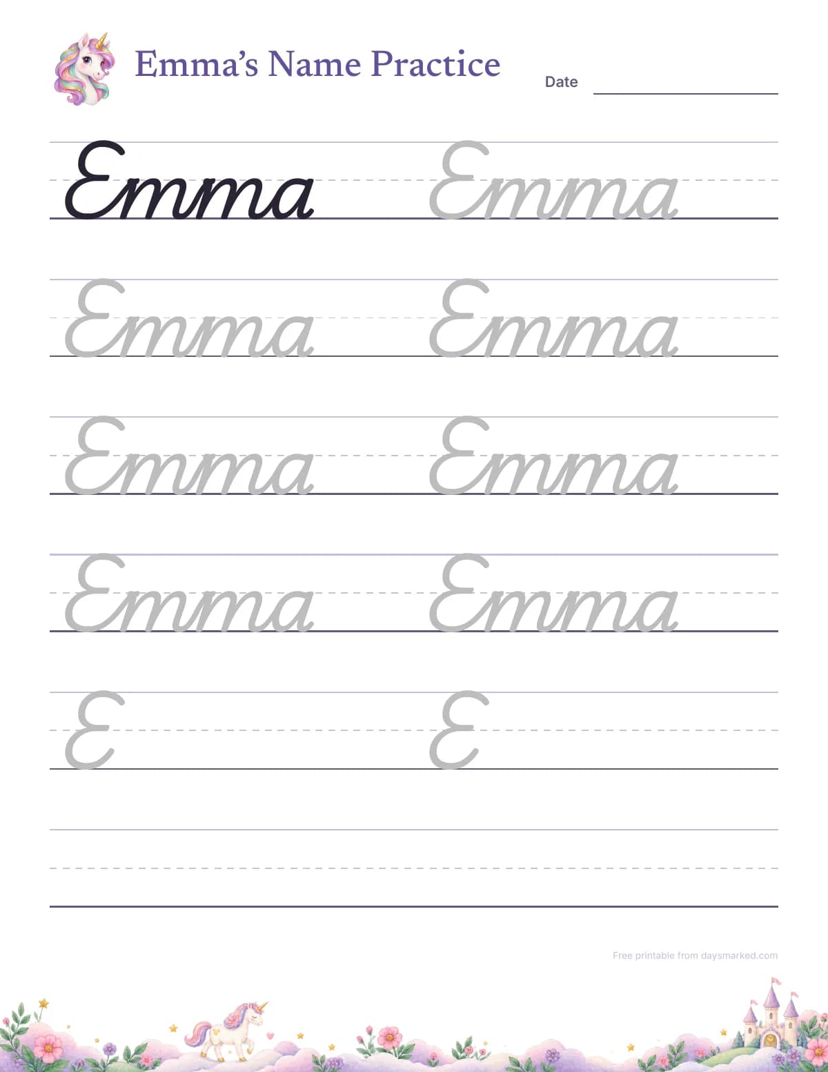 Emma's name tracing worksheet in joined cursive letters, in the unicorn design