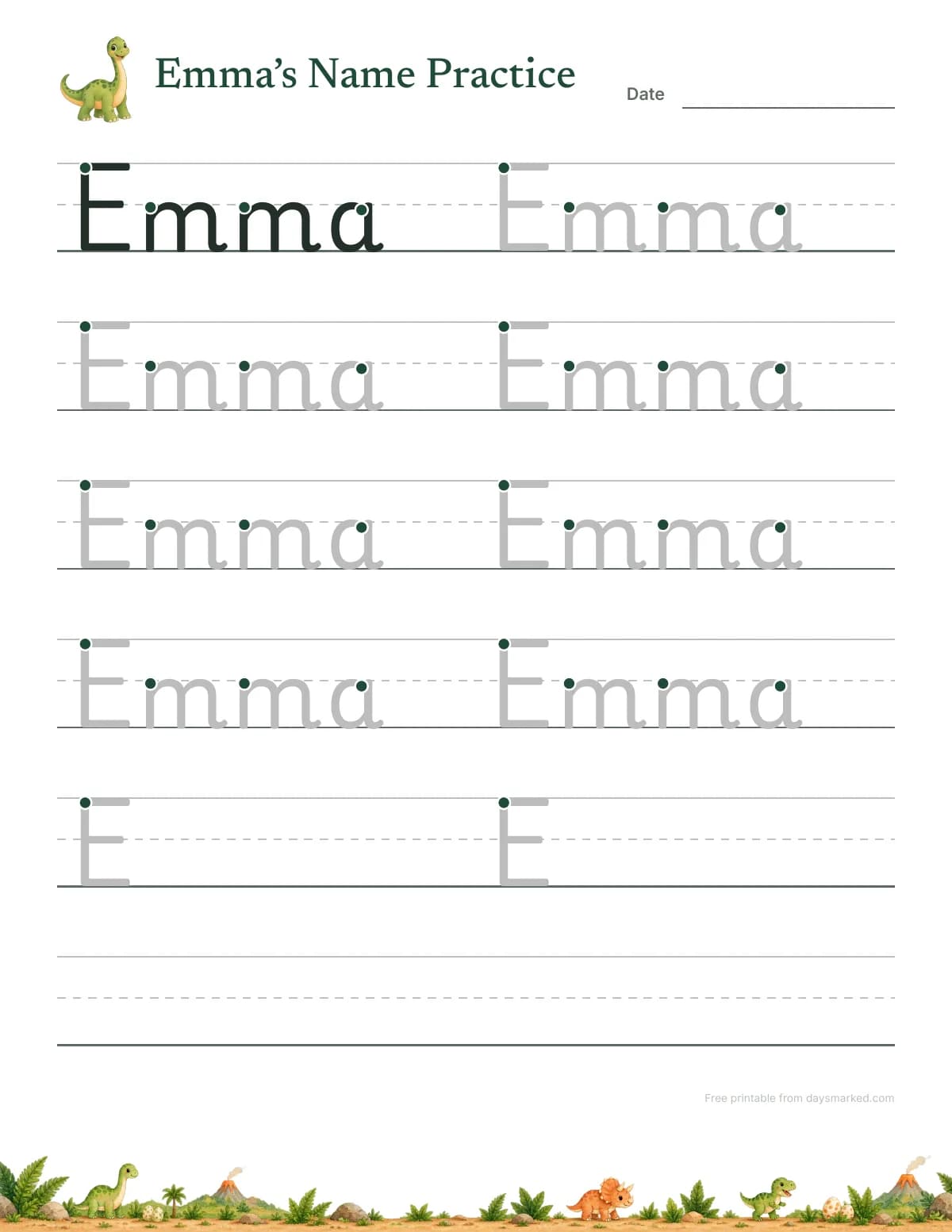 A name tracing worksheet with “Emma’s Name Practice” and a dinosaur at the top: Emma written as a model with start dots, rows of Emma in gray to trace, rows with only the E, and empty handwriting lines