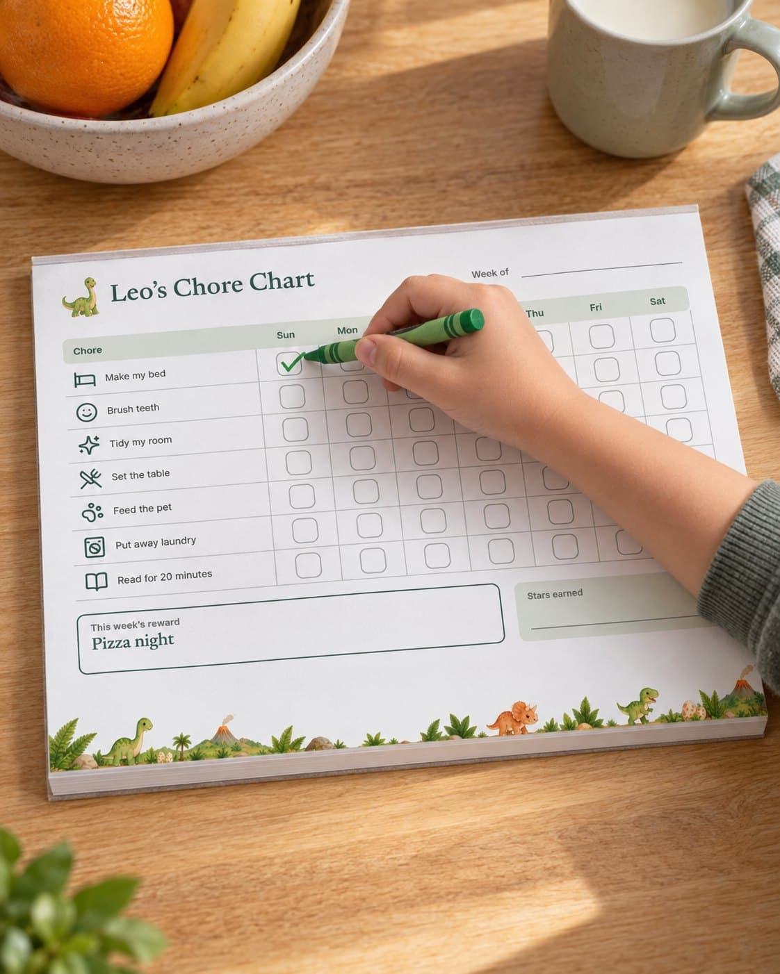 A child ticking “Make my bed” with a green crayon on Leo’s dinosaur chore chart notepad, on a kitchen table