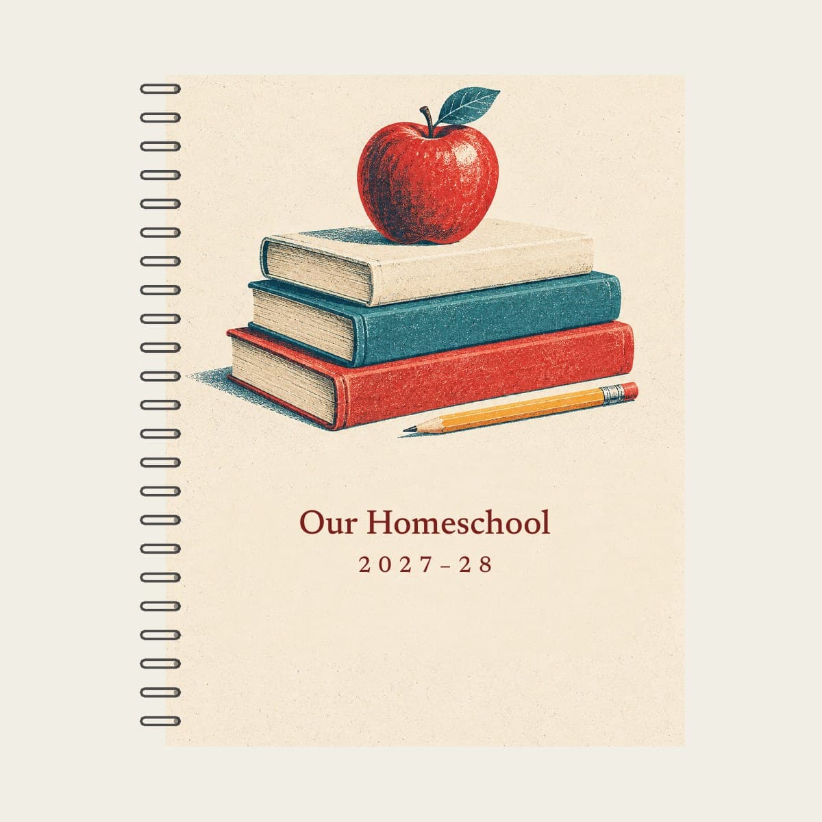 The Days Marked Homeschool Planner, coil-bound, with “Our Homeschool 2027–28” and a stack of books with an apple on the cover