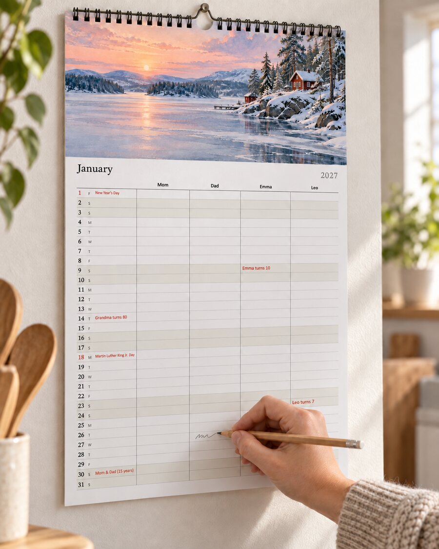 Eine Hand schreibt eine Notiz in Papas Spalte im Familienkalender