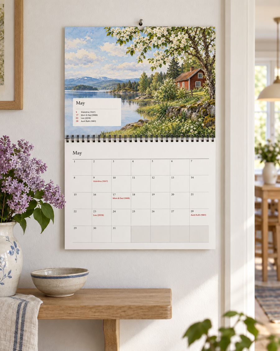 The perpetual birthday calendar with the family's birthdays and birth years by a kitchen doorway