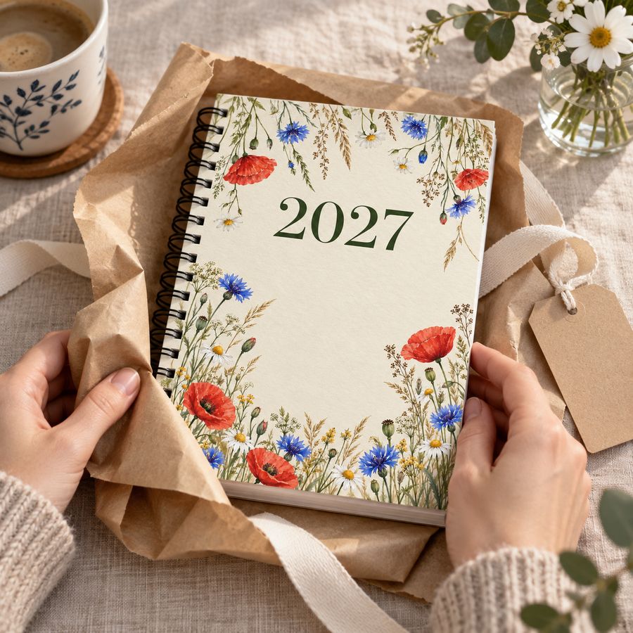En kalender Vildblommor 2027 som packas upp ur kraftpapper som present