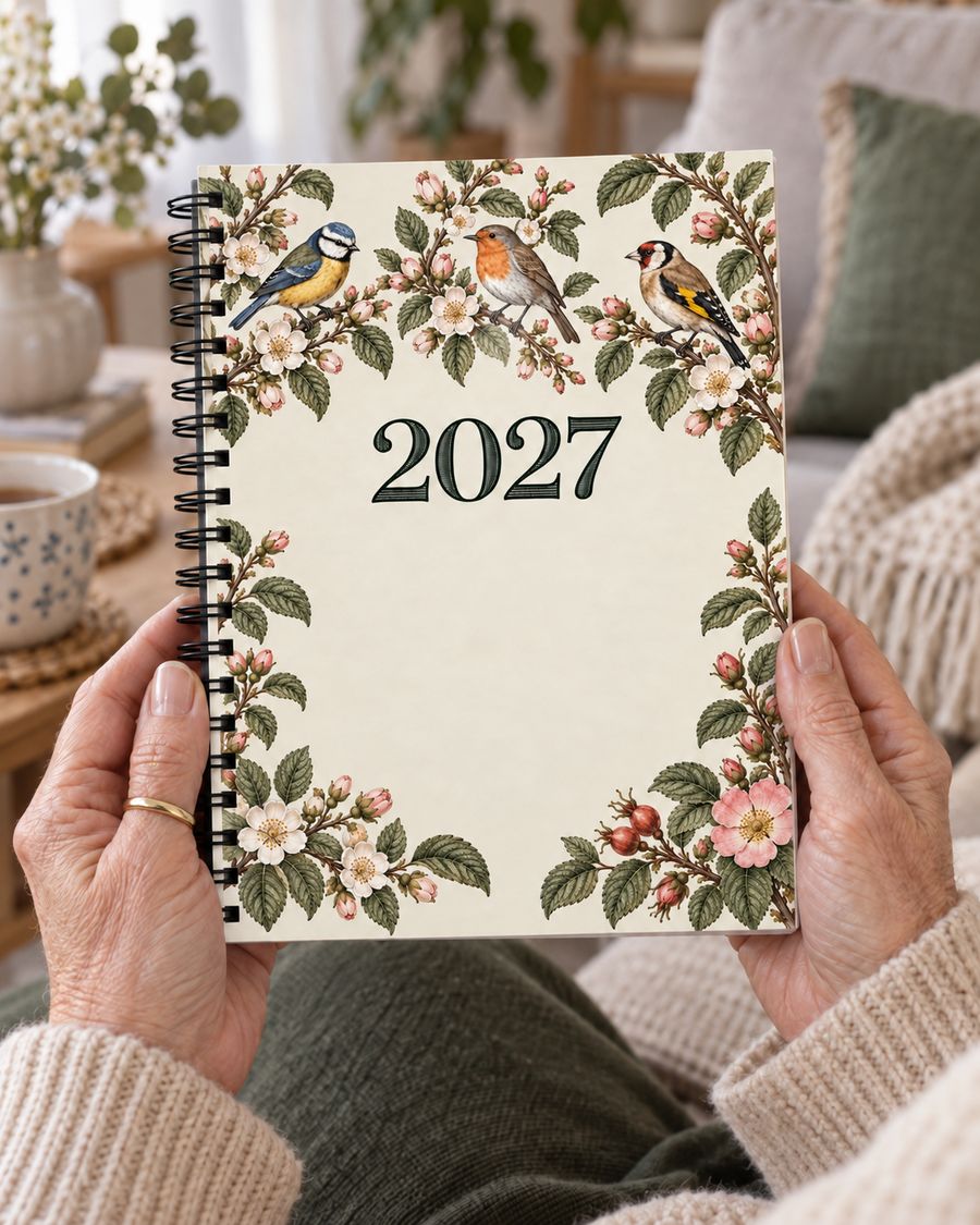 Händer som håller upp kalendern Fåglar 2027