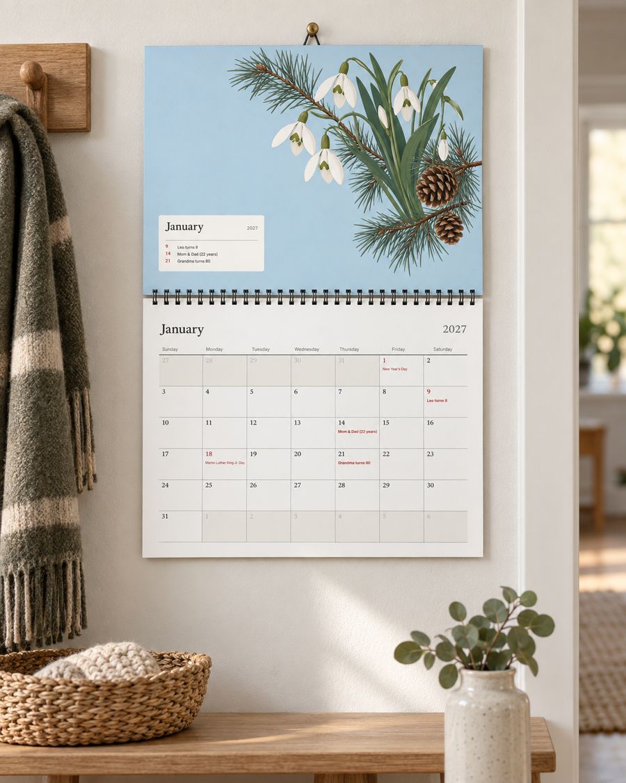 The Botanical studies wall calendar in a light hallway