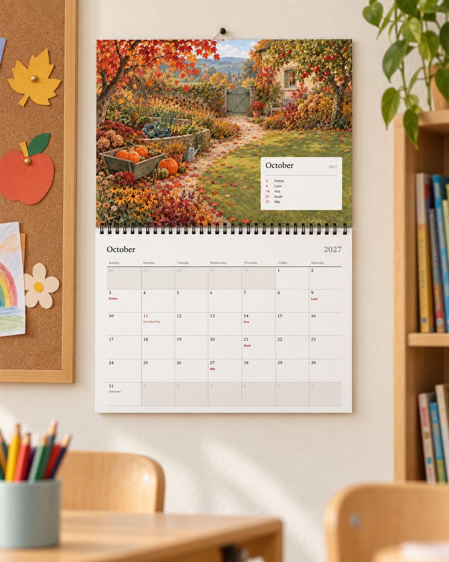 A wall calendar with the class's birthdays in a classroom