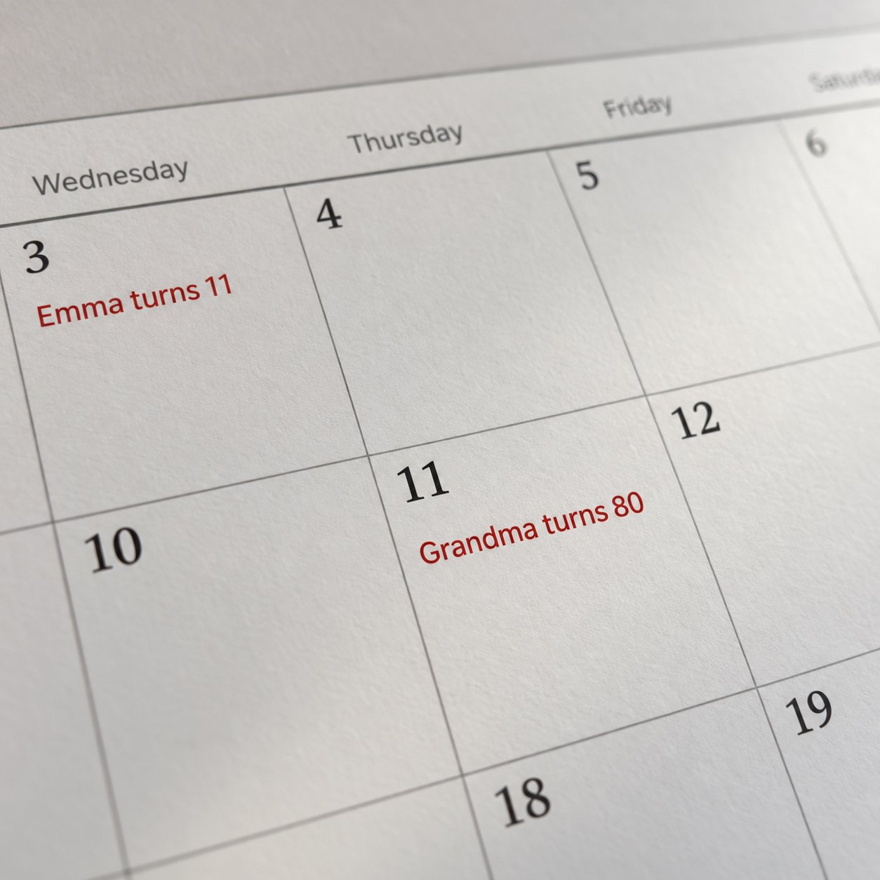 Every birthday printed on its day, with the age
