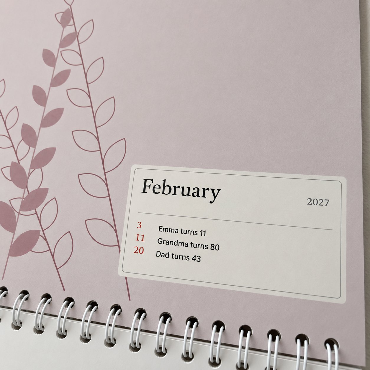 Each month's picture page lists who is celebrating