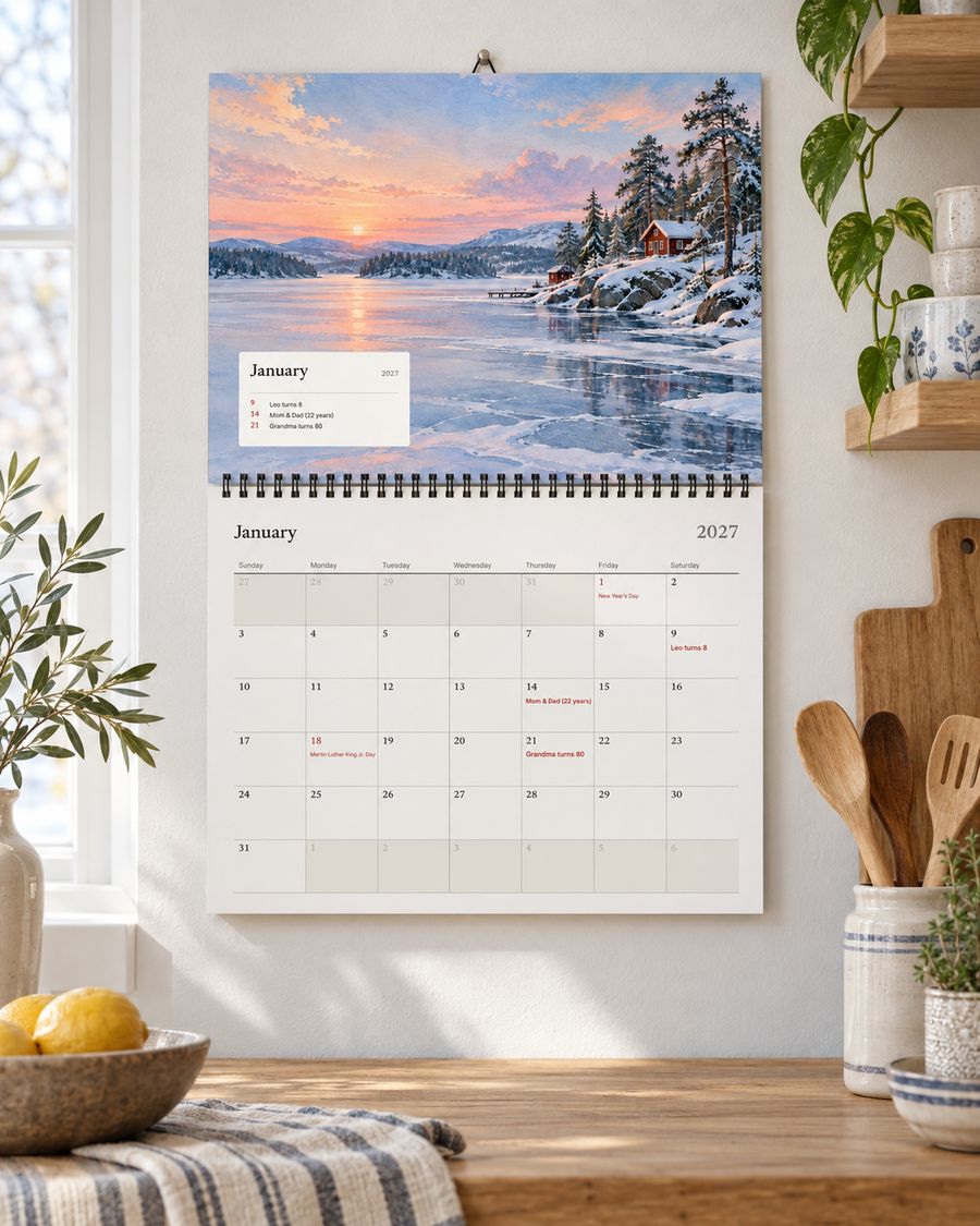 The Nordic year wall calendar open at January in a bright kitchen, with the family's birthdays on the page