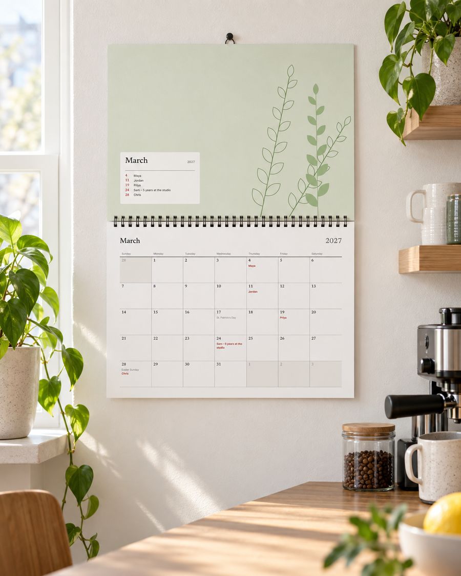 A wall calendar with the team's birthdays in a bright office kitchen