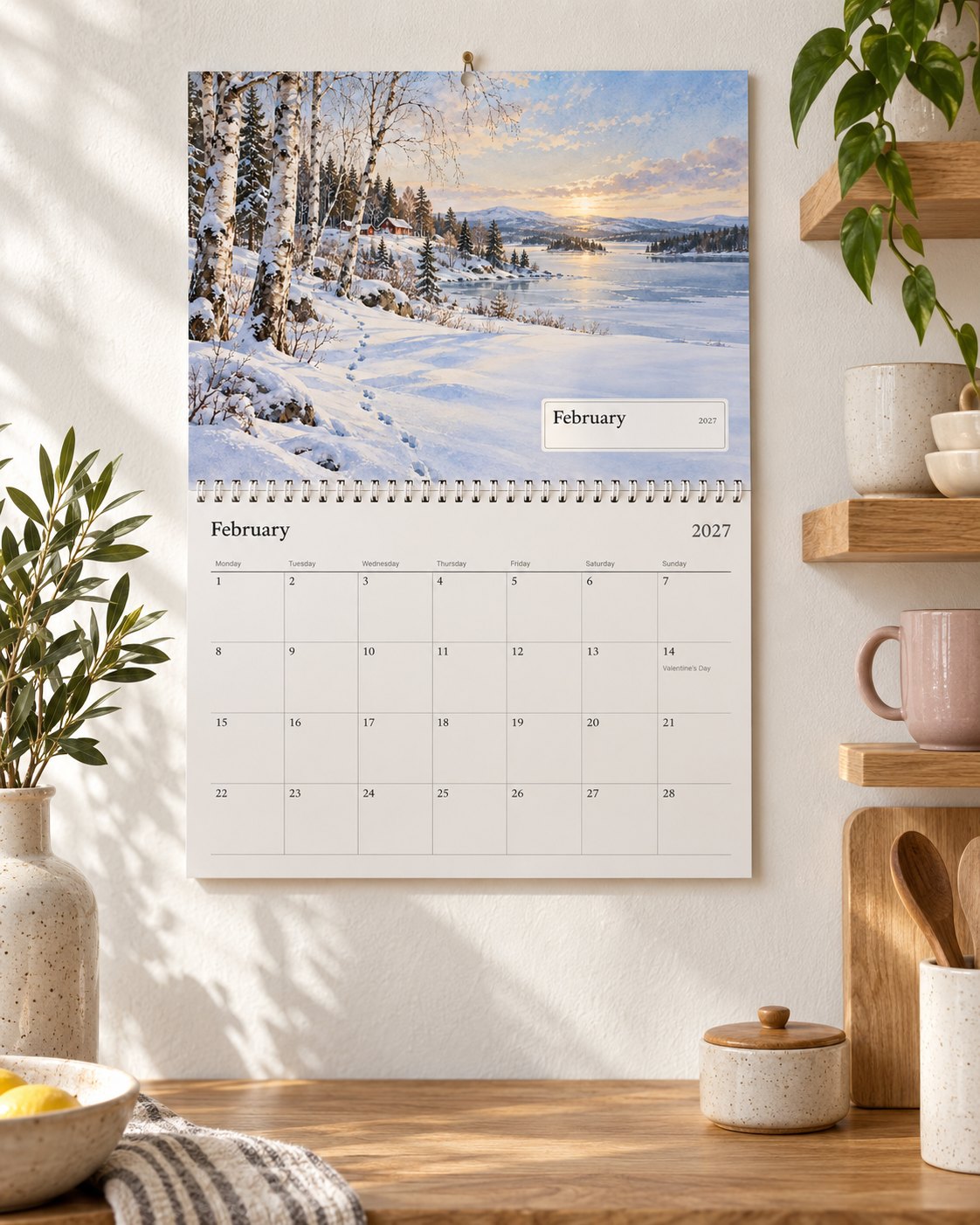 The wall calendar open at February in a bright kitchen, with the family's birthdays on the page