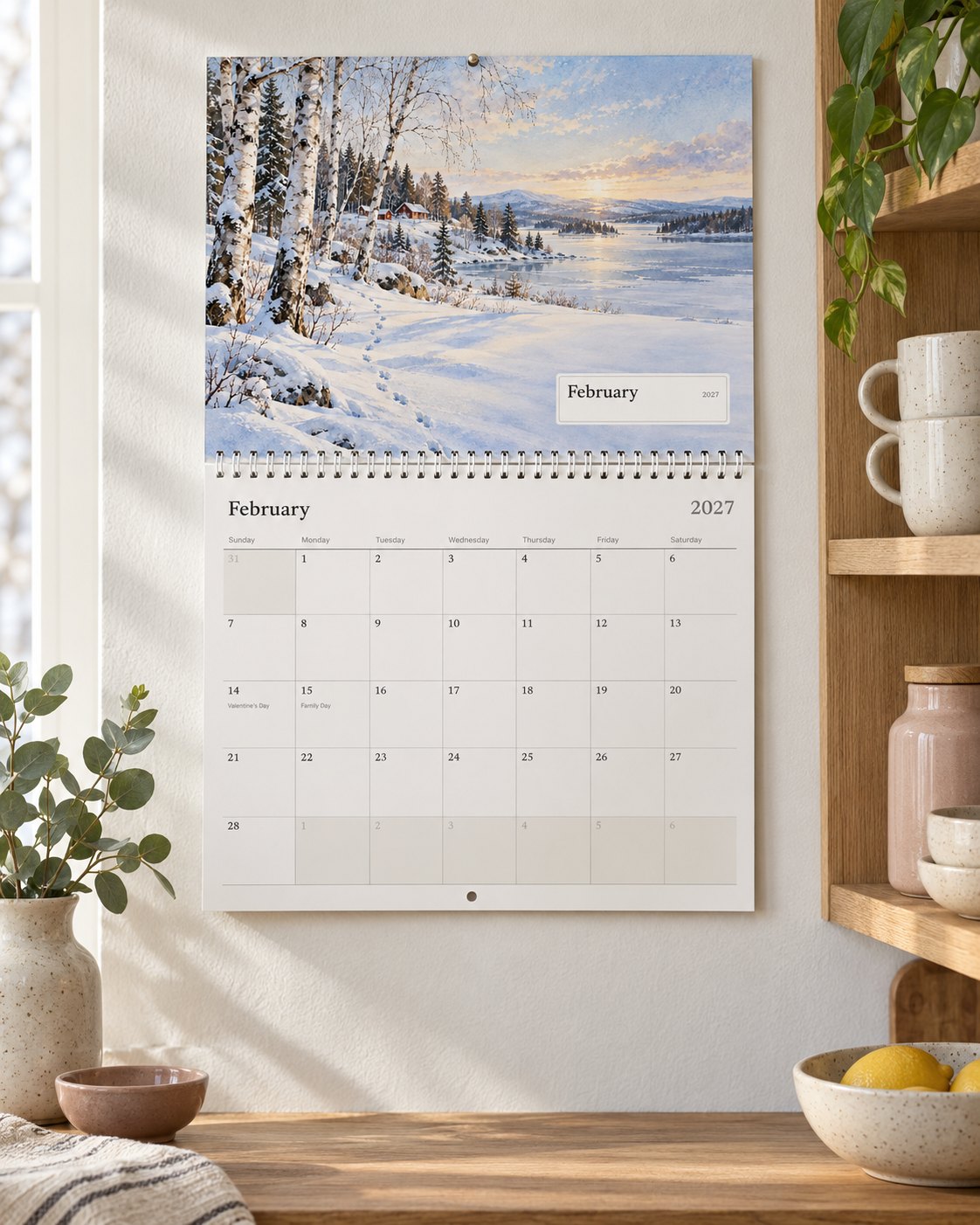The wall calendar open at February in a bright kitchen, with the family's birthdays on the page