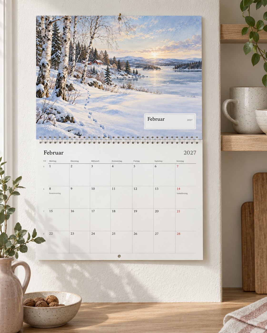 Der Wandkalender, aufgeschlagen im Februar in einer hellen Küche, mit den Geburtstagen der Familie
