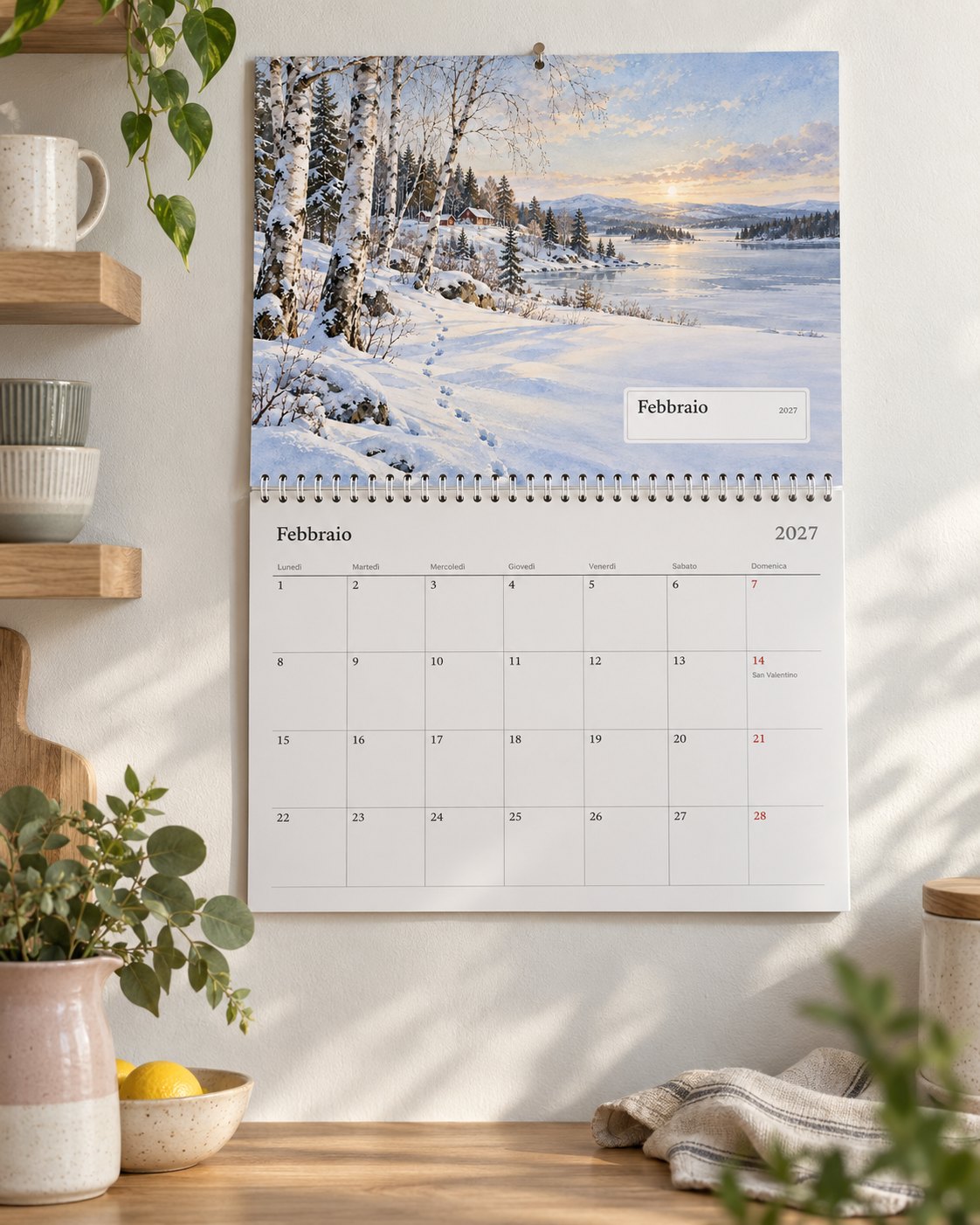 Il calendario da parete aperto su febbraio in una cucina luminosa, con i compleanni della famiglia