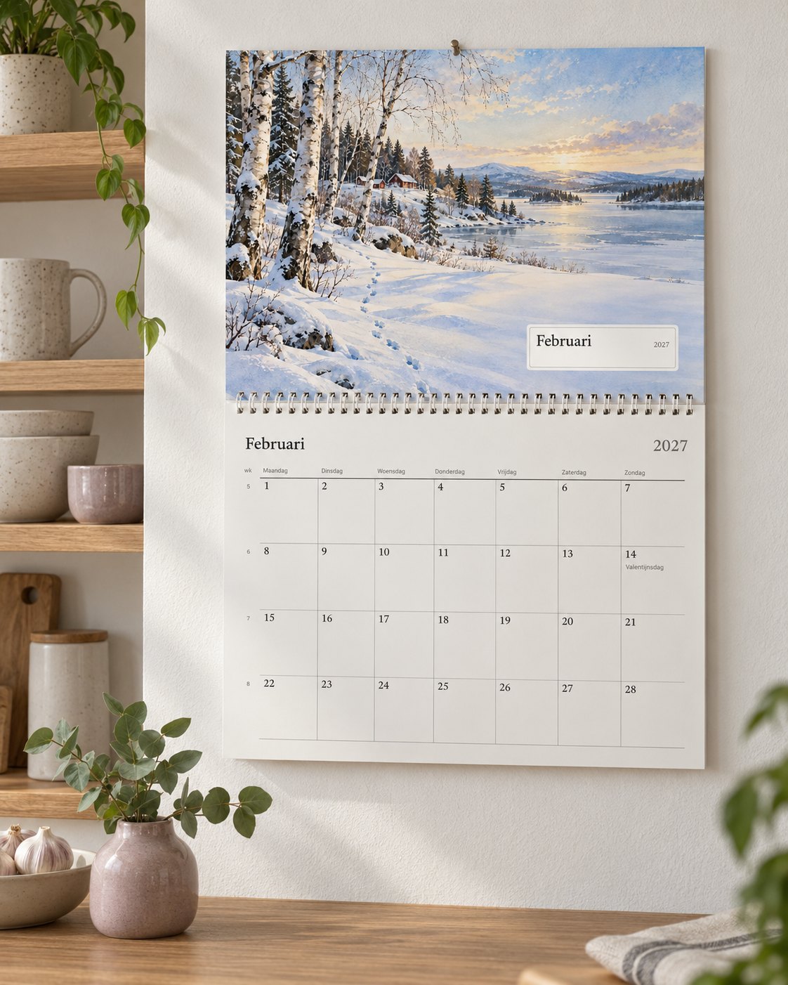 De wandkalender open op februari in een lichte keuken, met de verjaardagen van de familie op de pagina