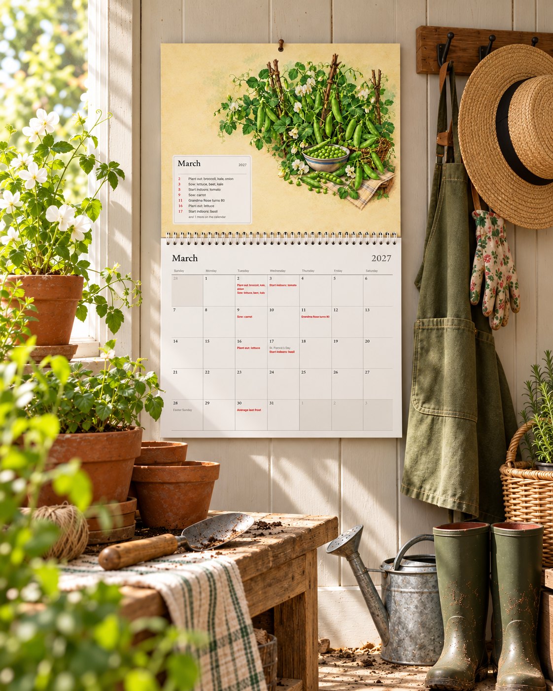 The kitchen garden wall calendar on a potting-shed wall beside a garden apron, a straw hat and gloves, March’s planting dates printed in