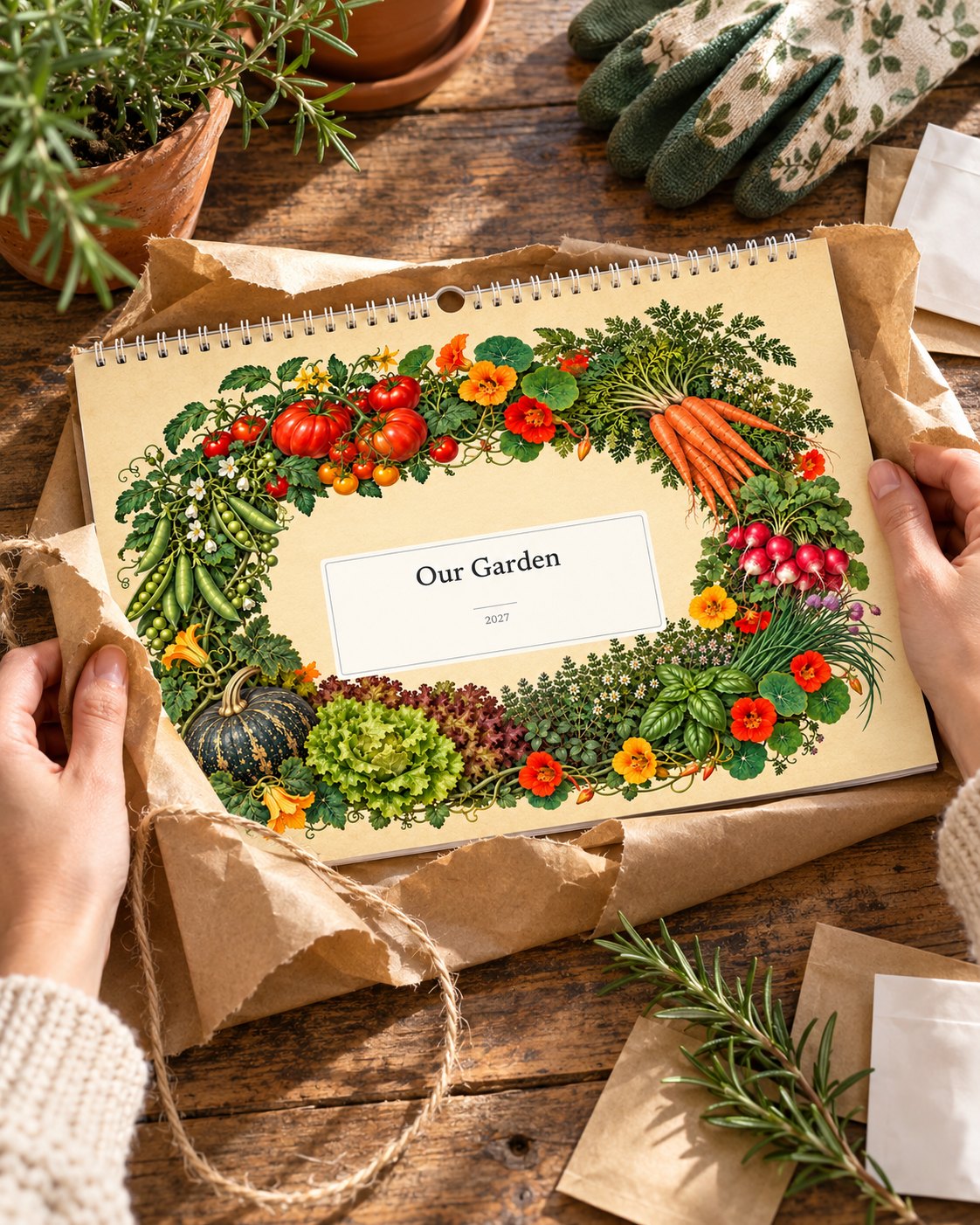 A Days Marked garden calendar with a vegetable wreath and “Our Garden 2027” on the cover, unwrapped from kraft paper beside new gardening gloves and seed packets