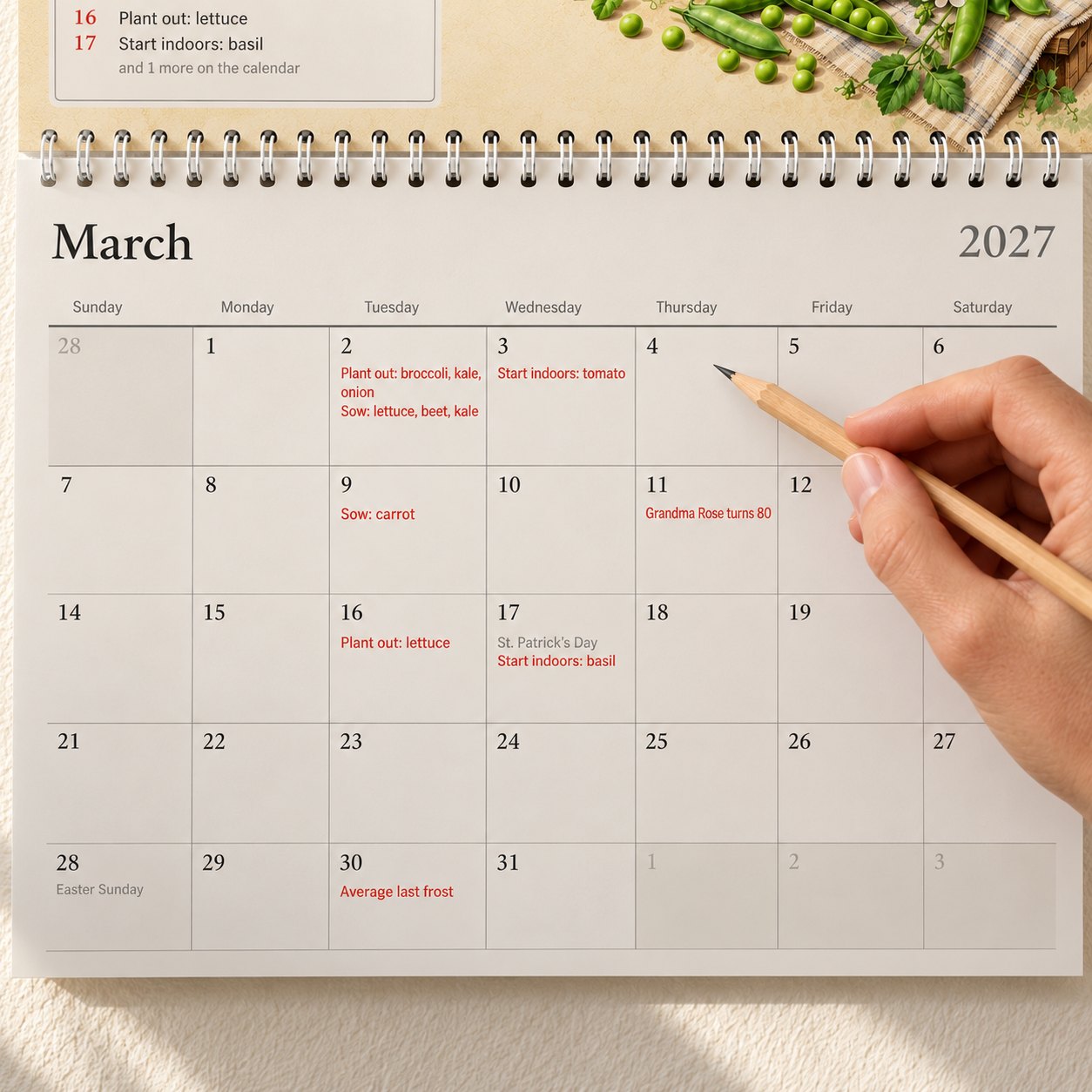 A hand with a pencil beside the planting dates printed on March: plant out broccoli, sow lettuce, start tomatoes indoors